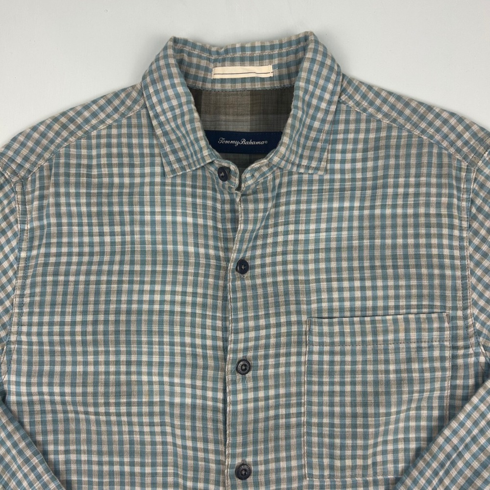 Tommy Bahama Mens‎ Small Blue Grey Gingham Check Cotton Button Down Shirt